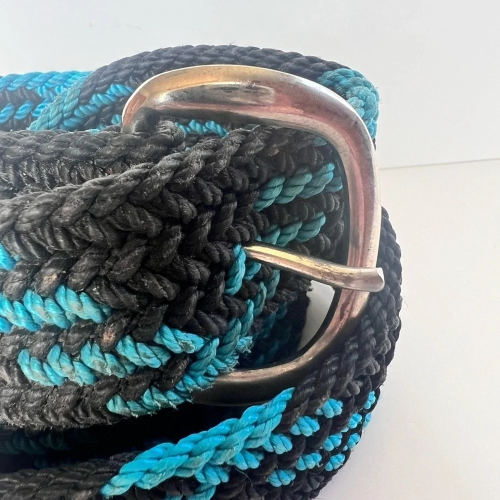 Vintage 90s Western Braided Belt Black Turquoise Silver Tip Cowboy Unisex Retro